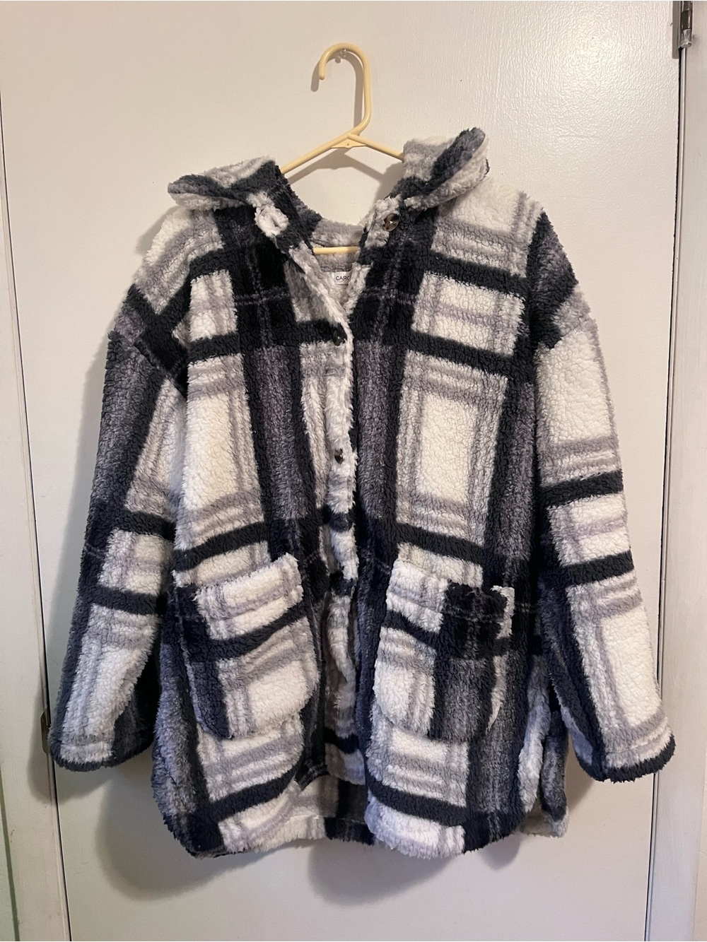 Carole Hochman Womenโs Large Cozy Plaid Hooded Teddy Coat - Black & White